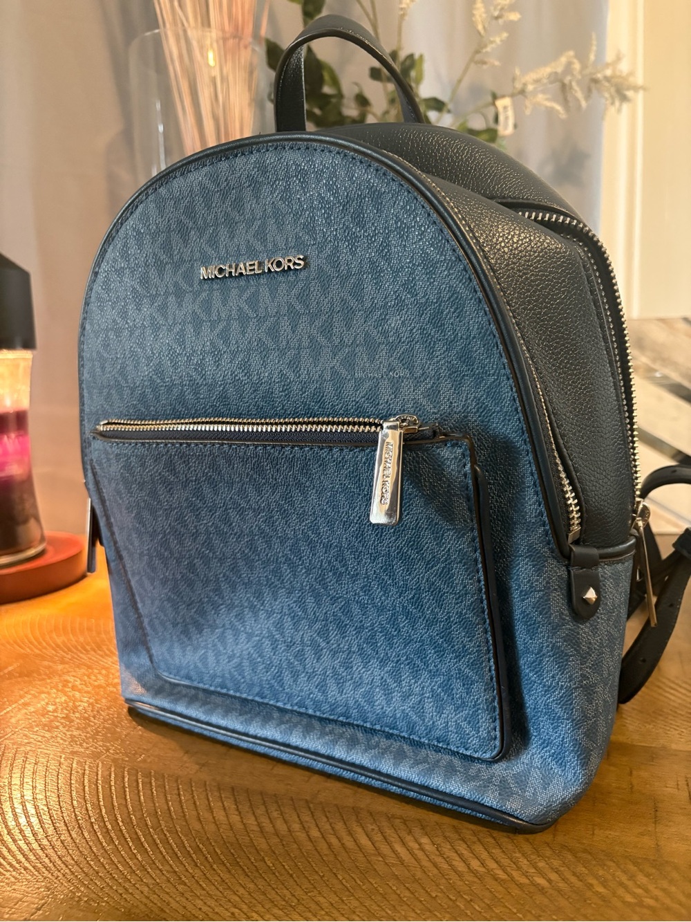 Michael Kors Denim Blue Logo Backpack with Silver Hardware